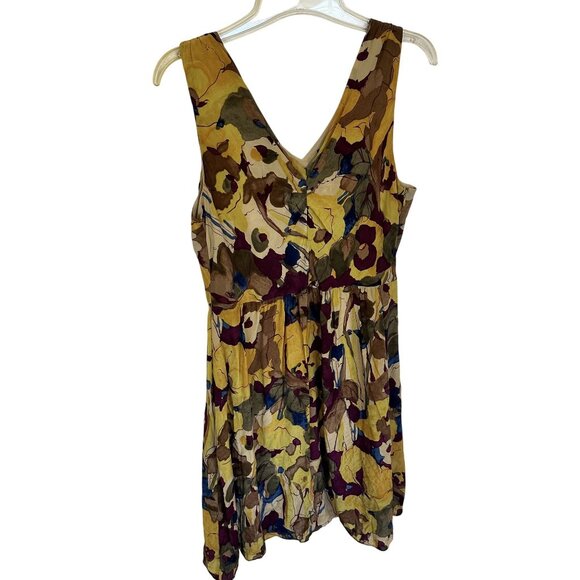 Womens Floral Sleeveless Silk Dress 10 Med Yellow Purple Knee Length Cocktail - Picture 1 of 9